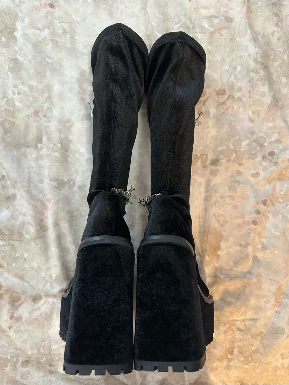 Dolls Kill Black Velvet Platform Knee-High Boots with Silver Charm Chain